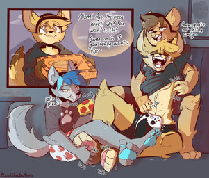 anthro arm_tuft beanie black_beanie black_clothing black_hat black_headwear black_nose blue_hair blue_pawpads bodily_fluids box brown_body brown_eyes brown_fur brown_hair brown_tail_tip bulge cheek_tuft closed_smile clothed clothed_anthro clothing clothing_lift container controller crying_laughing delivery_(commerce) dialogue dipstick_tail ear_piercing eating eating_food elbow_tuft facial_tuft feet female food food_delivery fur fur_tuft furgonomic_beanie furgonomic_headwear furgonomics game_controller grey_body grey_clothing grey_eyes grey_fur grey_shirt grey_topwear group hair hat headgear headwear heart_print_underwear holding_box holding_container holding_food holding_object holding_pizza holding_pizza_box knee_tuft laugh leg_tuft male markings mouth_closed open_mouth open_smile orange_eyes pawpads piercing pink_pawpads pink_tongue pizza pizza_box pizza_delivery restrained shirt shirt_lift sitting sitting_on_ground smile tail tail_markings talking_to_another tears teeth text tickle_fetish tickle_torture tickling tickling_armpits tickling_belly tickling_feet tongue topwear trio tuft two_against_one vibrating vibrating_controller xbox_controller yellow_body yellow_fur zoul_illustration microsoft xbox xbox_game_studios alom shinko_(branderp) zoul canid canine felid fennec_fox fox lion mammal pantherine true_fox digital_media_(artwork) english_text