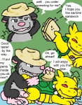american_opossum anthro bamga clothing comic dialogue duo eating english_text erection food fur gaius_(argon_vile) genitals grey_body grey_fur guil_bunny_(artist) hat headgear headwear interspecies male male/male mammal marsupial penis red_eyes reptile sandwich_(food) scalie tail text turtle virginia_opossum wereturtle yellow_body