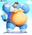 after_exercise anthro barefoot bedroom_eyes belly big_belly big_moobs blue_body blue_fur bodily_fluids bulge claws clothed clothing cloud day eyebrows feet fur garter_belt garter_straps huge_thighs looking_at_viewer male moobs narrowed_eyes navel nipple_piercing nipple_ring nipples obese obese_anthro obese_male outside overweight overweight_anthro overweight_male piercing plantigrade ring_piercing seductive shadow smile solo standing sweat text thick_thighs thong topless topless_anthro topless_male towel towel_on_shoulder tuft underwear stompsyeen bluey_(series) patreon bandit_heeler australian_cattle_dog canid canine canis cattledog domestic_dog herding_dog mammal pastoral_dog 2023 hi_res url