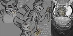 anthro bodily_fluids duo erection front_view fur genitals head_tuft holding_another humanoid_genitalia humanoid_penis male nude open_mouth penis red_eyes side_view simple_background size_difference striped_arms striped_body striped_fur stripes tuft vomit vore yellow_sclera acidic cid_(acidic) domestic_cat felid feline felis mammal mouse murid murine rodent partially_colored