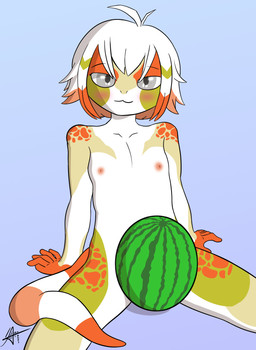 ahoge anthro areola arm_markings arm_support band_(marking) banded_tail bedroom_eyes blue_background blush bob_cut breasts collarbone convenient_censorship cowlick detailed_eyes eyebrows facial_markings female female_anthro food fruit glistening glistening_eyes gloves_(marking) grey_eyes hair hair_over_eyes head_markings leg_markings looking_at_viewer markings mask_(marking) medium_hair melon messy_hair multicolored_body multicolored_face multicolored_hair multicolored_tail narrowed_eyes navel nipples nude nude_anthro nude_female pink_blush pink_nipples plant raised_eyebrows red_hair red_hands red_markings red_tail scales seductive short_hair shoulder_markings simple_background sitting skinny skinny_anthro skinny_female small_breasts smile smiling_at_viewer smirk smirking_at_viewer smug solo spread_legs spreading tail tail_around_leg tail_markings tapering_tail thigh_markings three-quarter_view watermelon white_body white_hair white_tail young young_anthro young_female isan erya_(stellaamoris) gecko lizard reptile scalie absurd_res censored english_description hi_res portrait signature three-quarter_portrait