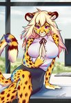 2021 5_fingers alexandra_(velocitycat) anthro black_spots breasts cheetah clothed clothing countershading digital_media_(artwork) dragonfu exposure_variation felid feline female fingers fur hair looking_at_viewer mammal sitting smile solo spots yellow_body yellow_fur