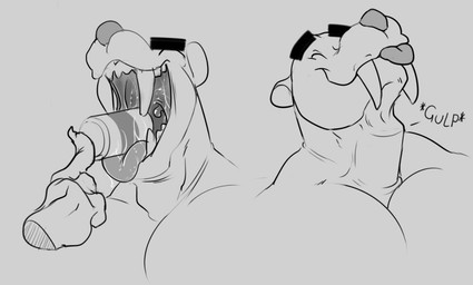 anthro anthro_pred bodily_fluids claws disembodied_hand finger_claws humanoid_hands male male_anthro male_pred mouth_shot muscular muscular_anthro muscular_male neck_bulge object_vore open_mouth pecs saliva solo tongue tongue_out uvula vore hewge felid mammal prehistoric_species saber-toothed_tiger digital_drawing_(artwork) digital_media_(artwork) greyscale monochrome