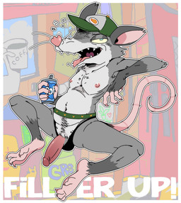 anthro beverage beverage_can blue_eyes can claws clothed clothing container erection fangs feet fur genitals grey_body grey_fur hat headgear headwear holding_can holding_container holding_object humanoid_genitalia humanoid_penis looking_at_viewer male navel nipples open_underwear penis pink_body pink_feet pink_skin sharp_teeth smile soda solo teeth text tongue tongue_out topless whiskers white_body white_fur yellow_sclera salamikii adult_swim cartoon_network gassy's_gas_'n_stuff gilbert_(gassy's_gas_'n_stuff) american_opossum mammal marsupial virginia_opossum 2025 english_text hi_res