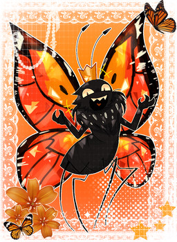 2_antennae 3_fingers 4_legs ambiguous_gender antennae_(anatomy) arthropod_abdomen black_antennae black_body claws crown eyespots feral fingers flower front_view headgear insect_wings laugh lepidopteran_wings markings monotone_body multicolored_wings nude open_mouth open_smile orange_wings plant pupils quadruped ruff small_pupils smile solo_focus spread_wings standing teeth tongue wings plsburgchez disney hoppers_(disney) pixar titus_(hoppers) arthropod butterfly insect lepidopteran monarch_butterfly taur 2026 digital_media_(artwork) hi_res