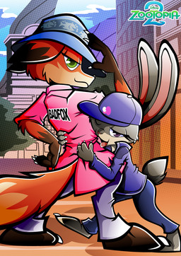 anthro bottomwear building clothing duo female fur green_eyes grey_body grey_fur hat headgear headwear jacket male multicolored_body multicolored_fur one_eye_closed open_mouth orange_body orange_fur pants purple_eyes shirt text text_on_clothing text_on_shirt text_on_topwear tongue tongue_out topwear two_tone_body two_tone_fur jonathantaniuchi disney zootopia judy_hopps nick_wilde canid canine fox lagomorph leporid mammal rabbit 2024 absurd_res digital_media_(artwork) english_text hi_res