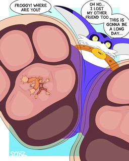 3_toes anthro barefoot clothing dialogue duo extreme_size_difference feet female foot_fetish foot_focus foot_play fur inside_clothing inside_shoe insole larger_anthro larger_male low-angle_view macro male male/female male_anthro micro multi_tail orange_body orange_fur pawpads paws pink_pawpads purple_body size_difference smaller_male soles speech_bubble tail tan_body text toes trapped_in_clothing trapped_in_shoe underfoot worm's-eye_view yellow_eyes sokz sega sonic_the_hedgehog_(series) betty_(foolyclod) big_the_cat fan_character domestic_cat felid feline felis lagomorph leporid mammal rabbit absurd_res english_text hi_res