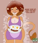 afro anthro apron apron_only bacon big_breasts blush breakfast breasts brown_body brown_fur brown_hair clothing ear_piercing ear_ring eyes_closed female food front_view fur hair meat mostly_nude piercing ring_piercing solo sunny_side_up_egg tail tail_tuft text tuft wide_hips sudsypup sunny_(sudsypup) bovid bovine cattle mammal 2021 digital_drawing_(artwork) digital_media_(artwork) english_text hi_res