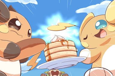 ambiguous_gender bodily_fluids bread cloud food group one_eye_closed open_mouth pancake plate simple_background sky sweat white_background wink nettsuu nintendo pokemon alolan_form alolan_raichu chespin generation_1_pokemon generation_6_pokemon generation_7_pokemon pokemon_(species) raichu regional_form_(pokemon) 2018 3:2
