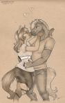 anthro clothed clothing duo engagement facial_markings female forehead_markings head_markings heart_symbol hug male markings ring white_markings onnanoko eris_(marefurryfan) rainstorm_(marefurryfan) equid equine horse mammal hi_res traditional_media_(artwork)