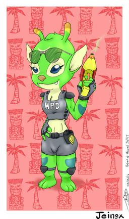 3_toes 4_fingers antennae_(anatomy) anthro arm_markings badge barefoot belt blue_eyes border bottomwear chest_tuft clothed clothing dipstick_antennae eyebrows eyelashes eyewear facial_markings fangs feet female fingerless_gloves fingers forehead_markings gloves green_eyes hand_on_hip handwear head_markings head_tuft knee_pads leg_markings looking_at_viewer markings midriff multicolored_antennae palm_tree pattern_background plant plasma_blaster_(lilo_and_stitch) plasma_gun police police_uniform raised_eyebrow ranged_weapon red_background shorts shoulder_pads simple_background smile solo standing sunglasses teeth text tiki toes topwear tree tuft uniform vest weapon white_border jeinsx disney lilo_and_stitch bonnie_(lilo_and_stitch) alien experiment_(lilo_and_stitch) 2016 english_text signature