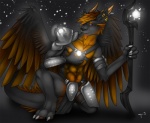 anthro armor biceps black_body black_fur blue_eyes brown_hair claws conditional_dnp digitigrade dragon ear_piercing feathered_dragon feathered_scalie feathered_wings feathers fur furred_dragon furred_scalie glowing hair hindpaw horn jewelry looking_at_viewer male melee_weapon muscular muscular_anthro muscular_male mythological_creature mythological_scalie mythology northern_dragon orange_hair paws piercing polearm sandalf scalie simple_background solo staff star tail tojo_the_thief weapon wings yellow_horn