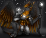 anthro armor biceps black_body black_fur blue_eyes brown_hair claws conditional_dnp digitigrade dragon ear_piercing feathered_dragon feathered_scalie feathered_wings feathers feet fur furred_dragon furred_scalie glowing hair hindpaw horn jewelry looking_at_viewer male melee_weapon muscular muscular_anthro muscular_male mythological_creature mythological_scalie mythology northern_dragon orange_hair paws piercing polearm sandalf scalie simple_background solo staff star tail tojo_the_thief weapon wings yellow_horn