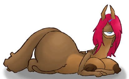 1_eye anthro areola blue_eyes breasts brown_body female hair horn long_neck looking_at_viewer lying nipples nude on_front red_hair simple_background solo tail thick_tail white_background wide_hips nightmarebros the_weaver monstro_village dewbon monster 2022