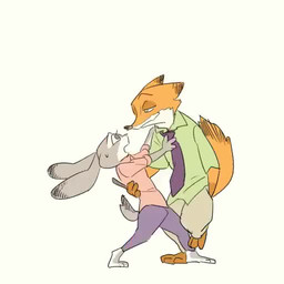 accessory anthro bodily_fluids bottomwear brown_tail_tip clothed clothing dipstick_ears dipstick_tail duo ear_markings female fur green_eyes grey_body grey_fur male markings multicolored_ears multicolored_tail necktie orange_body orange_fur pants purple_eyes scut_tail shirt short_tail sweat sweatdrop tail tail_markings topwear artrockt disney zootopia judy_hopps nick_wilde canid canine fox lagomorph leporid mammal rabbit red_fox true_fox 1:1 2d_animation animated frame_by_frame no_sound short_playtime video