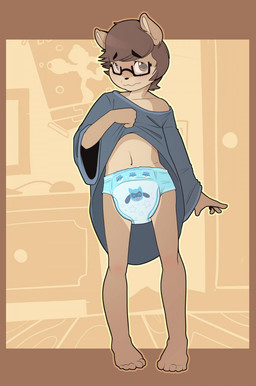 blush brown_body brown_eyes brown_fur brown_hair clean_diaper clothed clothing computer_mouse desk diaper door electronics eyewear floor fur furniture glasses hair light_switch looking_at_viewer male monitor navel poster pull-ups_(diaper) solo standing table wearing_diaper bubblepuppers nintendo pokemon canid canine generation_4_pokemon mammal pokemon_(species) riolu hi_res