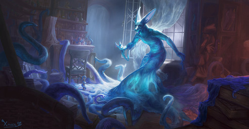 after_transformation anthro black_eyes blue_body blue_goo castle goo_tentacles goo_transformation implied_transformation laboratory long_ears looking_at_hand male nude solo split_form surprise_transformation surprised tentacles tentacles_everywhere transformation translucent translucent_body window window_light spectrumshift aquatic bat cecaelia humanoid mammal merfolk monster