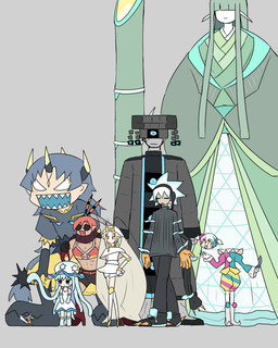 alternate_species female femboy floating_head group hair humanized larger_male long_hair male muscular muscular_female pseudo_hair sharp_teeth size_difference smaller_female smaller_male teeth tentacle_hair tentacles kasugai_(de-tteiu) nintendo pokemon blacephalon buzzwole celesteela generation_7_pokemon guzzlord human kartana mammal nihilego pheromosa pokemon_(species) stakataka ultra_beast xurkitree 4:5
