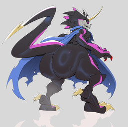 anthro belt big_butt black_body black_sclera bodily_fluids bubble_butt butt cape claws clothing glowing glowing_eyes horn male nude simple_background solo stinger_tail sweat tail thick_thighs toe_claws wide_hips submarine_screw bandai_namco digimon digimon_ghost_game digimon_(species) gulusgammamon scalie absurd_res hi_res
