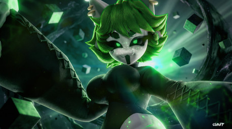 anthro big_breasts breasts clothed clothing cube detailed_background female freckles glowing glowing_eyes green_eyes green_hair hair solo white_body cloutboixd alien 3d_(artwork) blender_(artwork) digital_media_(artwork) hi_res