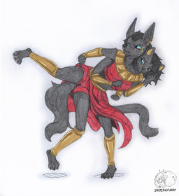 2_tails black_body black_fur black_hair black_nose blue_sclera clothing duo female fur gold_(metal) hair multi_tail tail allartskye canid canine felid feline mammal absurd_res hi_res traditional_media_(artwork)