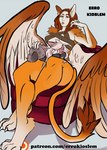 animal_humanoid anthro claws errokioslem feathered_wings feathers felid feline female hi_res humanoid humanoid_face lion lynx mammal mythological_creature mythological_sphinx mythology pantherine size_difference size_play soma_(errokioslem) tail text url wings