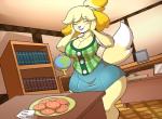 2015 animal_crossing anthro big_breasts bottomwear breasts canid canine canis cleavage clothed clothing cookie curvy_figure domestic_dog eyes_closed female food fur hand_on_face hybrid isabelle_(animal_crossing) jaeh mammal mayor nintendo shih_tzu skirt smile solo toy_dog voluptuous wide_hips yellow_body yellow_fur