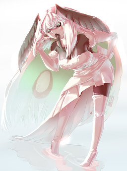 antennae_(anatomy) black_sclera black_tongue blue_eyes breasts cleavage clothed clothing dress female footwear fur green_hair hair hand_on_hip long_hair looking_at_viewer neck_tuft open_mouth simple_background solo standing tongue tongue_out tuft white_background white_body white_fur white_hair egocider vtuber juniper_actias animal_humanoid arthropod arthropod_humanoid humanoid insect insect_humanoid lepidopteran lepidopteran_humanoid moth 2019 absurd_res hi_res