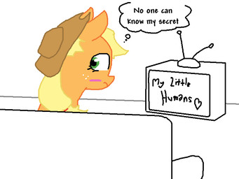 antenna_wire blonde_hair blush clothing electronics eyelashes female feral freckled_face freckles furniture green_eyes hair hat headgear headwear orange_body sofa solo television text thought_bubble the_weaver friendship_is_magic hasbro my_little_pony applejack_(mlp) equid equine horse mammal pony 4:3 english_text