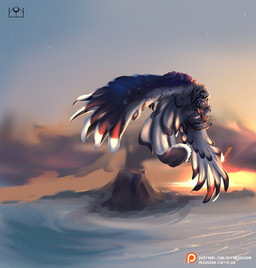 feather_hair feather_tuft feathered_tail feathered_wings feathers female flying landscape_background looking_at_viewer pseudo_hair solo sunset tail three-quarter_view tuft upside_down volcano wings errokioslem european_mythology greek_mythology mythology animal_humanoid avian avian_humanoid harpy harpy_humanoid humanoid mythological_avian mythological_creature full-length_portrait hi_res portrait