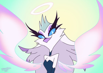 beak blue_eyes disembodied_wings eyelashes feather_hair feathers floating_wings hair halo long_eyelashes long_hair looking_at_viewer pseudo_hair smile solo unusual_anatomy unusual_wings white_body white_feathers wings emositecc hellaverse helluva_boss stella_(helluva_boss) angel avian bird owl colored