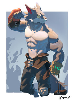 5_fingers abs anthro armor biceps big_muscles biped black_bottomwear black_claws black_clothing black_pants border bottomwear brown_bottomwear brown_clothing brown_pants claws clothed clothing countershade_face countershade_fur countershade_neck countershade_torso countershading dot_pupils finger_claws fingers flesh_fang flexing flexing_bicep flexing_muscles fluffy fluffy_tail front_view fur gauntlets gloves grey_background grey_body grey_fur grey_inner_ear_fluff handwear head_turned holding_bag inner_ear_fluff knee_guards looking_aside male mouth_closed multicolored_body multicolored_bottomwear multicolored_clothing multicolored_fur muscular muscular_anthro muscular_male navel pants pants_only pecs red_inner_ear simple_background snout solo tail text topless topless_anthro topless_male tuft two_tone_body two_tone_bottomwear two_tone_clothing two_tone_fur two_tone_pants vambrace white_body white_border white_countershading yellow_sclera kuromonsart canid mammal 2023 absurd_res artist_name colored dated digital_drawing_(artwork) digital_media_(artwork) english_text full-length_portrait hi_res portrait shaded