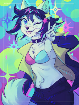 abstract_background anthro blep blue_eyes bottomwear bra breasts cleavage clothed clothing dark_hair eyewear female fluffy fluffy_tail fur gesture goggles hand_gesture jacket looking_at_viewer midriff navel one_eye_closed one_fang open_clothing open_jacket open_topwear shorts solo tail tongue tongue_out topwear underwear v_sign white_body white_fur wink winking_at_viewer captyns domestic_cat felid feline felis mammal 3:4 absurd_res hi_res pastel_theme