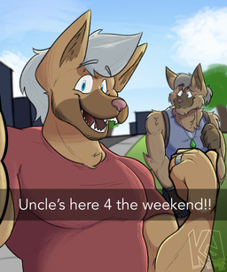 age_difference anthro backpack bottomwear caption clothed clothing day digit_ring duo eyebrows fur gesture hair hand_gesture jewelry looking_at_viewer male mature_anthro mature_male muscular muscular_anthro muscular_male necklace open_mouth open_smile outside plant pointing pointing_with_thumb ring selfie shirt shorts smile standing tank_top teeth text topwear tree tuft wedding_ring kelsdungeon shane_(kelsdungeon) trey_(kelsdungeon) canid canine canis mammal wolf 2025 english_text hi_res signature nephew_(lore) uncle_(lore) uncle_and_nephew_(lore)