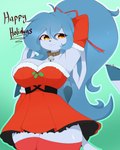 amber_eyes anthro arm_over_head armwear bell bell_collar big_breasts blue_body blue_hair bow_ribbon breasts clothing collar costume cute_fangs fangs female hair holidays holly_(plant) legwear long_ears long_hair long_tail looking_at_viewer plant ponytail santa_costume solo tail teeth text thick_thighs thigh_highs awintermoose christmas nintendo pokemon snowcone_(awintermoose) eeveelution generation_4_pokemon glaceon pokemon_(species) 2024 4:5 absurd_res hi_res