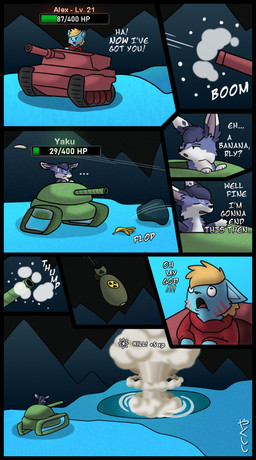 armored_vehicle banana black_border border cannon clothing dialogue duo explosion eyes_closed food fruit gameplay_mechanics gui hazard_symbol health_bar hoodie machine male nuke onomatopoeia open_mouth plant radiation_symbol ranged_weapon sound_effects symbol tank_(vehicle) text topwear tracked_vehicle turret vehicle weapon conditional_dnp yakukitsu shellshock_live alex_(benetrick) yaku_(yakukitsu) canid canine domestic_cat felid feline felis fennec_fox fox mammal true_fox english_text hi_res