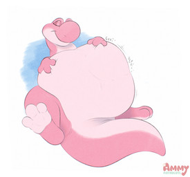 abdominal_bulge ambiguous_form belly big_belly closed_smile duo eyes_closed female female_pred mouth_closed rumbling_stomach smile solo solo_focus tail tailbutt tapering_tail thick_tail vore wide_crotch ammyfatxolotl mario_bros nintendo pink_yoshi yoshi 2025 hi_res