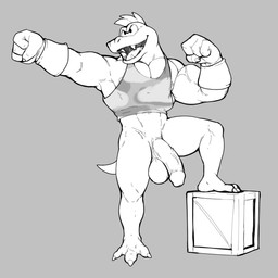 anthro balls barazoku bottomless camo camo_clothing camo_print circumcised clawed_hands claws clothed clothing crate finger_claws flaccid genitals glans humanoid_genitalia humanoid_penis male manly mohawk muscular muscular_anthro muscular_male open_mouth pattern_clothing pecs penis shirt smile solo tail tank_top teeth toe_claws topwear vein veiny_penis wooden_crate jrjresq donkey_kong_(series) nintendo rareware krusha crocodilian kremling reptile scalie 1:1 2025 hi_res
