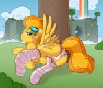 2014 butt camel_toe cloud cutie_mark equine eyewear female feral friendship_is_magic fur goggles hair horse lying mammal my_little_pony navel on_side orange_hair outside panties pegasus pony rainbow ratofdrawn sky socks solo spitfire_(mlp) tree underwear wings wonderbolts_(mlp) yellow_fur
Rating: Questionable
Score: 13
User: lemongrab
Date: March 01, 2014