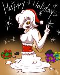 black_sclera bodily_fluids box breasts butt christmas_clothing christmas_headwear clothing container costume crossgender female gesture gift_box glowing glowing_eyes goo-connected_lips hair hand_gesture hat headgear headwear holidays looking_at_viewer medium_breasts nipples not_furry open_mouth santa_hat short_hair simple_background slime smile solo standing star v_sign white_body white_hair white_skin wide_hips yellow_eyes unknownlewder christmas the_binding_of_isaac_(series) delirium_(tboi) goo_creature 2019 4:5 digital_media_(artwork)