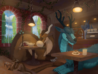 ambiguous_gender antlers barbel_(anatomy) beverage blue_body brown_body brown_fur cafe claws container cup detailed_background feral flesh_whiskers fur green_eyes grey_body grey_fur group horn inside lamp multicolored_body multicolored_fur quadruped serpentine smile tan_body tan_fur tea tea_cup teapot toe_claws conditional_dnp teavern european_mythology mythology mocha_(teavern) dragon eastern_dragon mythological_creature mythological_scalie scalie western_dragon 2026 digital_media_(artwork) digital_painting_(artwork) hi_res painting_(artwork)