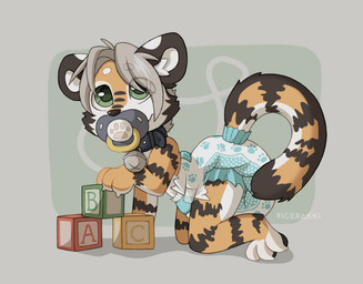 anthro bell block clean_diaper clothed clothing collar diaper green_eyes grey_hair hair male markings object_in_mouth pacifier pacifier_in_mouth solo striped_markings stripes wearing_diaper young young_anthro tigerakki scyler felid mammal pantherine tiger hi_res