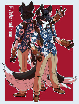 aloha_shirt anthro biped black_body black_fur clothed clothed_anthro clothed_male clothing fur gloves handwear hat headgear headwear male male_anthro outline pattern_clothing pattern_shirt pattern_topwear shirt solo standing text three-quarter_view topwear white_body white_fur vicvance v_(vicvance) canid canine canis domestic_dog husky mammal nordic_sled_dog spitz absurd_res artist_name cel_shading digital_drawing_(artwork) digital_media_(artwork) english_text hi_res shaded