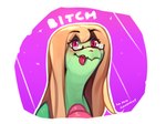 blonde_hair blush derp_eyes eyebrows eyelashes eyewear female glasses hair pink_background pink_eyes profanity simple_background solo teeth text tongue tongue_out cyancapsule matz alligator alligatorid crocodilian reptile scalie 2017 english_text hi_res reaction_image