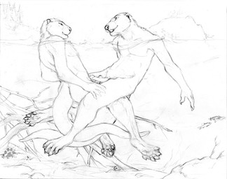 anthro branch claws duo erection eye_contact feet finger_claws fur looking_at_another male male/male membrane_(anatomy) nude nude_anthro nude_male partially_submerged pawpads paws penile penises_touching simple_background tail toe_claws toes water waterline_view webbed_feet white_background wood blotch scratches_volume_5 ambient_fish ambient_sealife mammal mustelid otter 2011 monochrome traditional_media_(artwork)