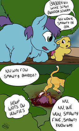 ambiguous_feral ambiguous_gender anus baby_talk balls blood blue_body blue_fur bodily_fluids bone brown_hair brown_tail cruelty death dialogue dying feral fur genitals gore gutted hair male male_feral neonate pink_tail plant purple_body purple_fur purple_hair purple_tail quadruped shrub skinless speech_bubble tail text x_anus yellow_body yellow_fur young young_ambiguous young_feral young_male koopacoon fluffy_pony domestic_cat felid feline felis fluffy_pony_(species) mammal 2020 artist_name comic digital_media_(artwork) english_description english_text hi_res
