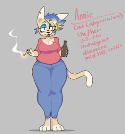 3_toes 4_fingers anthro barefoot black_fingernails black_nails black_nose blep blonde_hair blue_bottomwear blue_clothing blue_hair blue_jeans blue_pants bottle bottomwear breasts cigarette cleavage clothed clothing colored_nails container countershade_face countershade_feet countershade_fur countershade_hands countershade_torso countershading denim denim_bottomwear denim_clothing digitigrade dipstick_tail ear_piercing eye_through_hair eyebrow_through_hair eyebrows eyeliner eyeshadow feet female fingernails fingers fire front_view fully_clothed fur grey_background hair half-closed_eyes holding_bottle holding_cigarette holding_container holding_object jeans looking_at_viewer makeup markings mature_anthro mature_female medium_breasts mouth_closed multicolored_body multicolored_fur multicolored_hair nails narrowed_eyes pants pear-shaped_figure piercing pink_clothing pink_shirt pink_tongue pink_topwear pockets shadow shirt simple_background smoke snout solo standing stated_adult stated_age tail tail_markings tan_body tan_countershading tan_fur text thick_thighs toes tongue tongue_out topwear translucent translucent_hair two_tone_hair wide_hips shoobular annie_(nightmaretoybox) abyssinian_cat domestic_cat felid feline felis mammal 2024 character_name digital_media_(artwork) english_text full-length_portrait hi_res model_sheet portrait