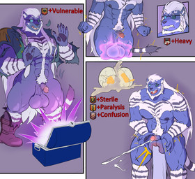 anthro ballbusting ballbusting_induced_orgasm balls big_balls big_tail blue_body blue_fur bodily_fluids bottomwear clenched_teeth clothing cock_and_ball_torture cum egg ejaculation fur gameplay_mechanics genital_fluids genital_torture genitals hair heterochromia long_hair magic male muscular muscular_male nipples pain penis pubes saggy_balls solo tail teeth torn_bottomwear torn_clothing trap_(contrivance) treasure violence white_body white_fur white_hair rafitos final_fantasy final_fantasy_xiv square_enix felid hrothgar mammal absurd_res hi_res