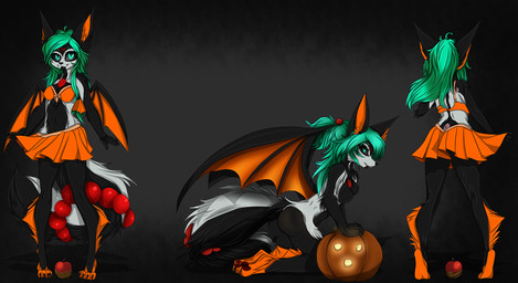 apple bat_wings bent_over bottomwear butt clothing costume female food fruit gem holidays kneeling membrane_(anatomy) membranous_wings pearl_(gem) plant presenting presenting_hindquarters pumpkin rear_view skirt submissive suggestive wings riverred halloween bat canid canine fox hybrid mammal hi_res model_sheet