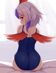 :o bed bed_sheet bedding blue_clothing blue_hair blue_horn blue_swimwear blush blush_lines breasts butt clothing curtains feathers female furniture glistening glistening_body hair horn loli looking_at_viewer looking_back multicolored_hair one-piece_swimsuit open_mouth rear_view red_body red_eyes red_feathers school_swimsuit small_breasts small_horn solo swimwear under_shade white_hair window wings young ayatori tokiko_(touhou) animal_humanoid avian avian_humanoid bird_humanoid horned_humanoid humanoid 2021 digital_media_(artwork) hi_res